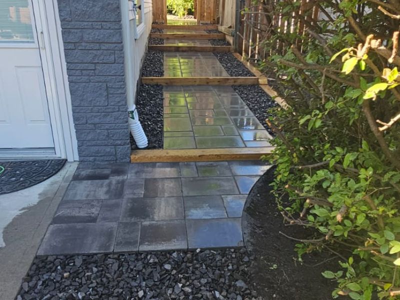 Wood Steps and Paving Stones Walkway Rundle Rocks Drainage Solution-min